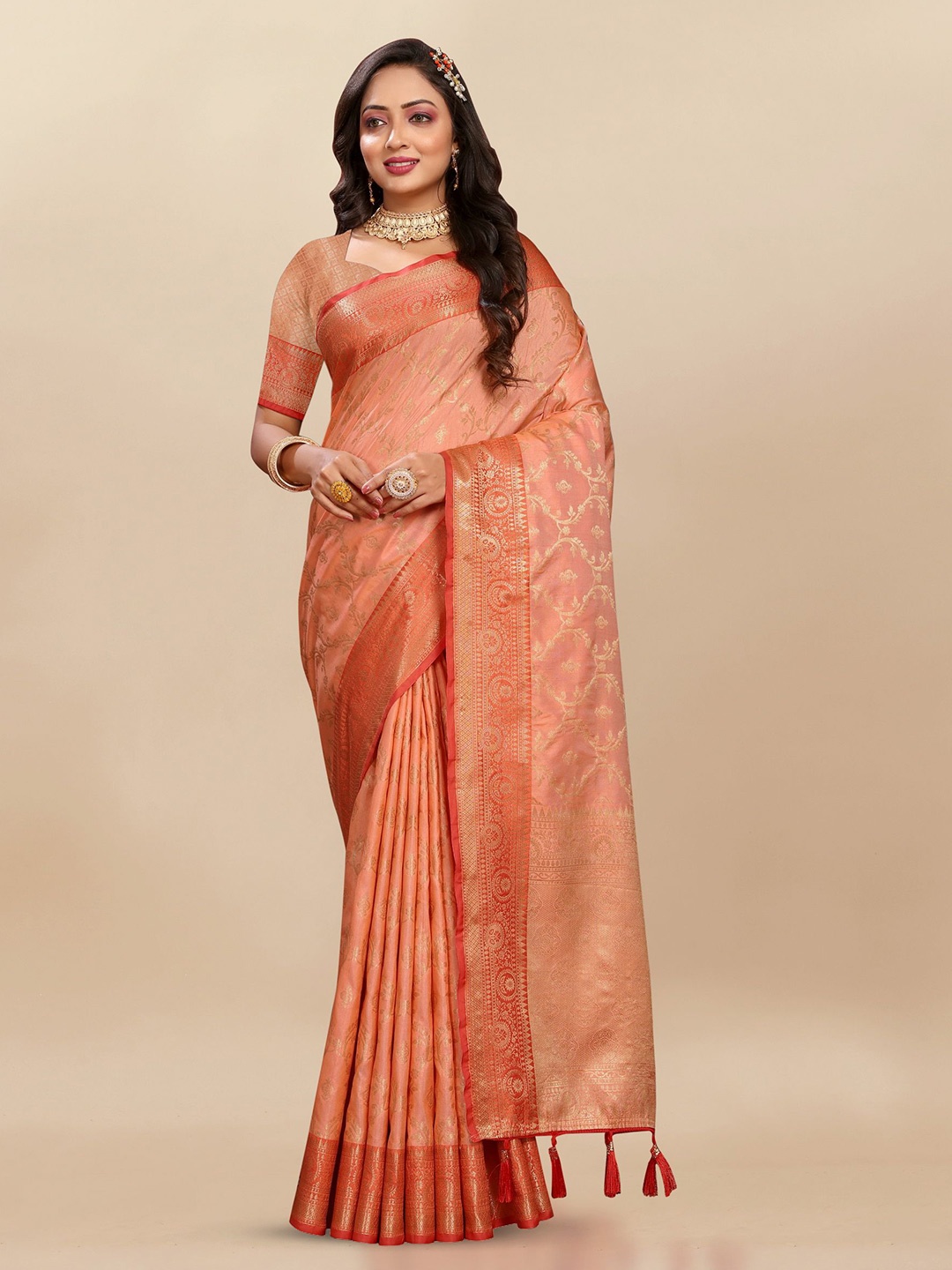 

Ekta Textiles Ethnic Motifs Woven Design Zari Pure Silk Banarasi Saree, Peach