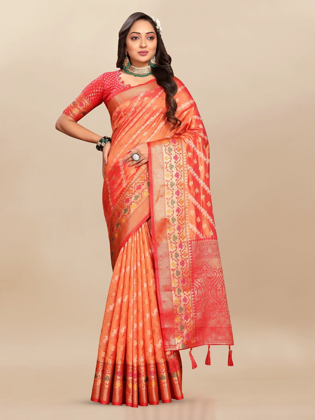 

Ekta Textiles Woven Design Zari Organza Banarasi Saree, Orange