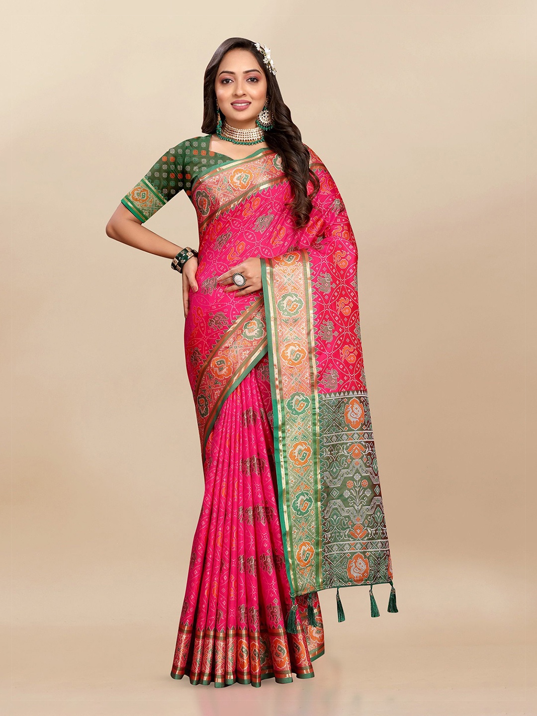 

Ekta Textiles Ethnic Motifs Woven Design Zari Pure Silk Patola Saree, Peach