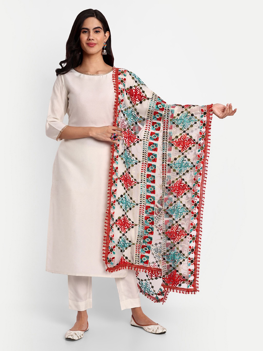 

KALINI Ethnic Motifs Embroidered Dupatta with Phulkari, White