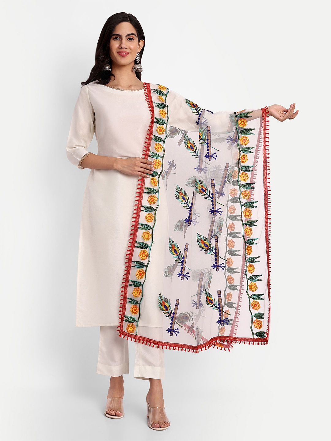 

KALINI Ethnic Motifs Embroidered Dupatta with Phulkari, White