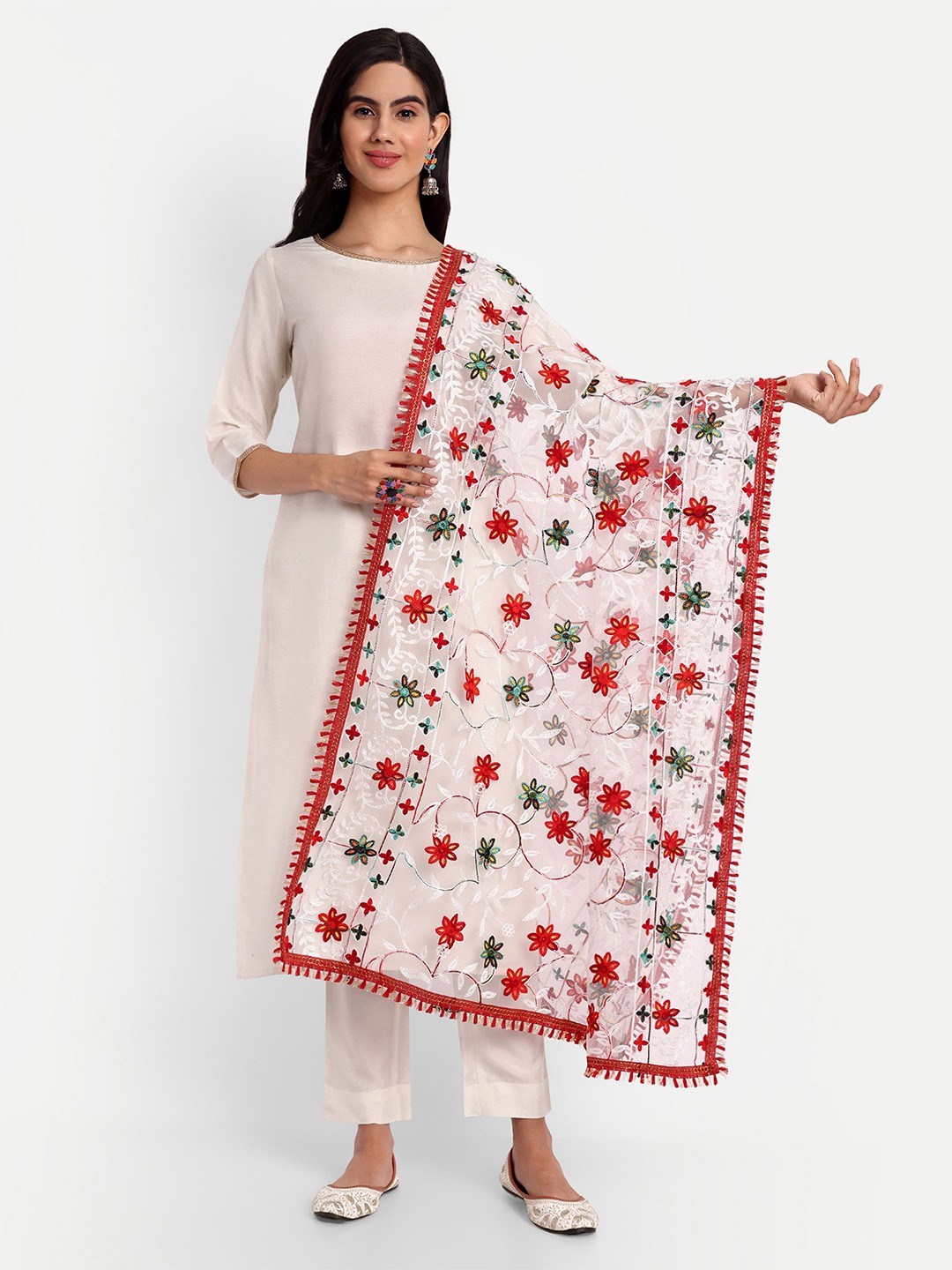 

KALINI Ethnic Motifs Embroidered Dupatta with Phulkari, White