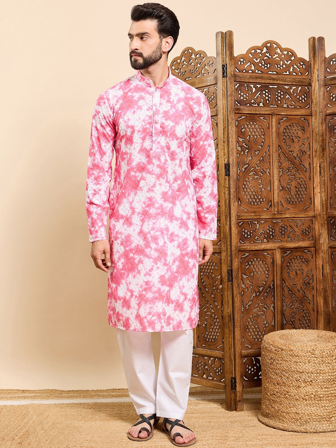 

House of Pataudi Tie & Dye Printed & Embroidered Cotton Straight Kurta, Pink