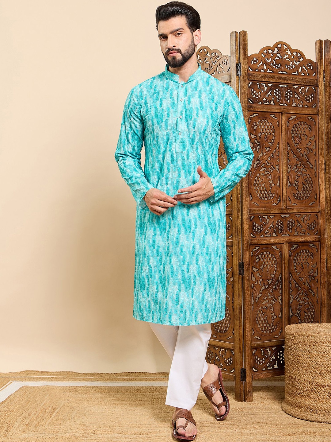 

House of Pataudi Tie & Dye Printed & Embroidered Cotton Straight Kurta, Turquoise blue