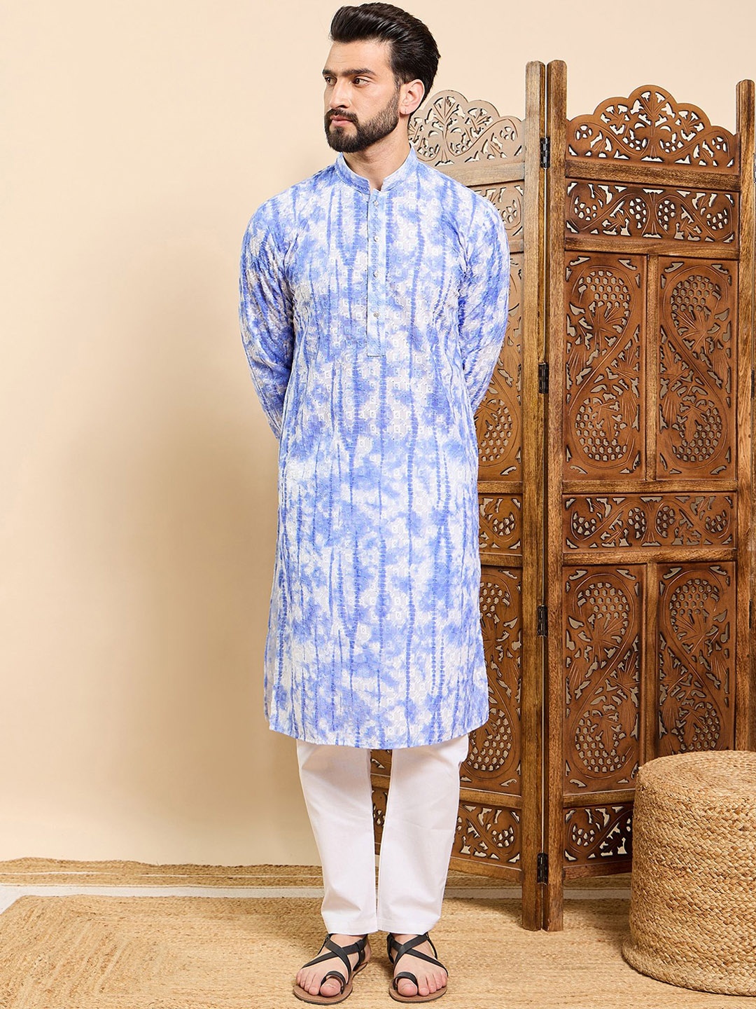 

House of Pataudi Tie & Dye Printed & Embroidered Cotton Straight Kurta, Blue