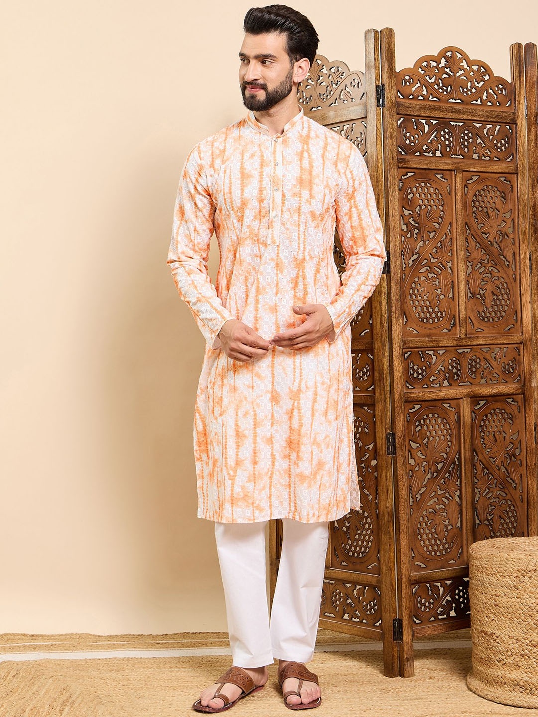

House of Pataudi Tie & Dye Printed & Embroidered Cotton Straight Kurta, Orange