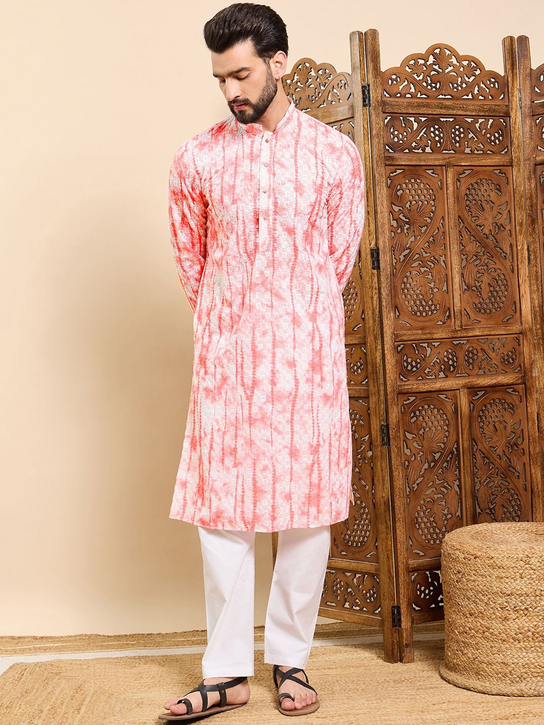 

House of Pataudi Tie & Dye Printed & Embroidered Cotton Straight Kurta, Pink