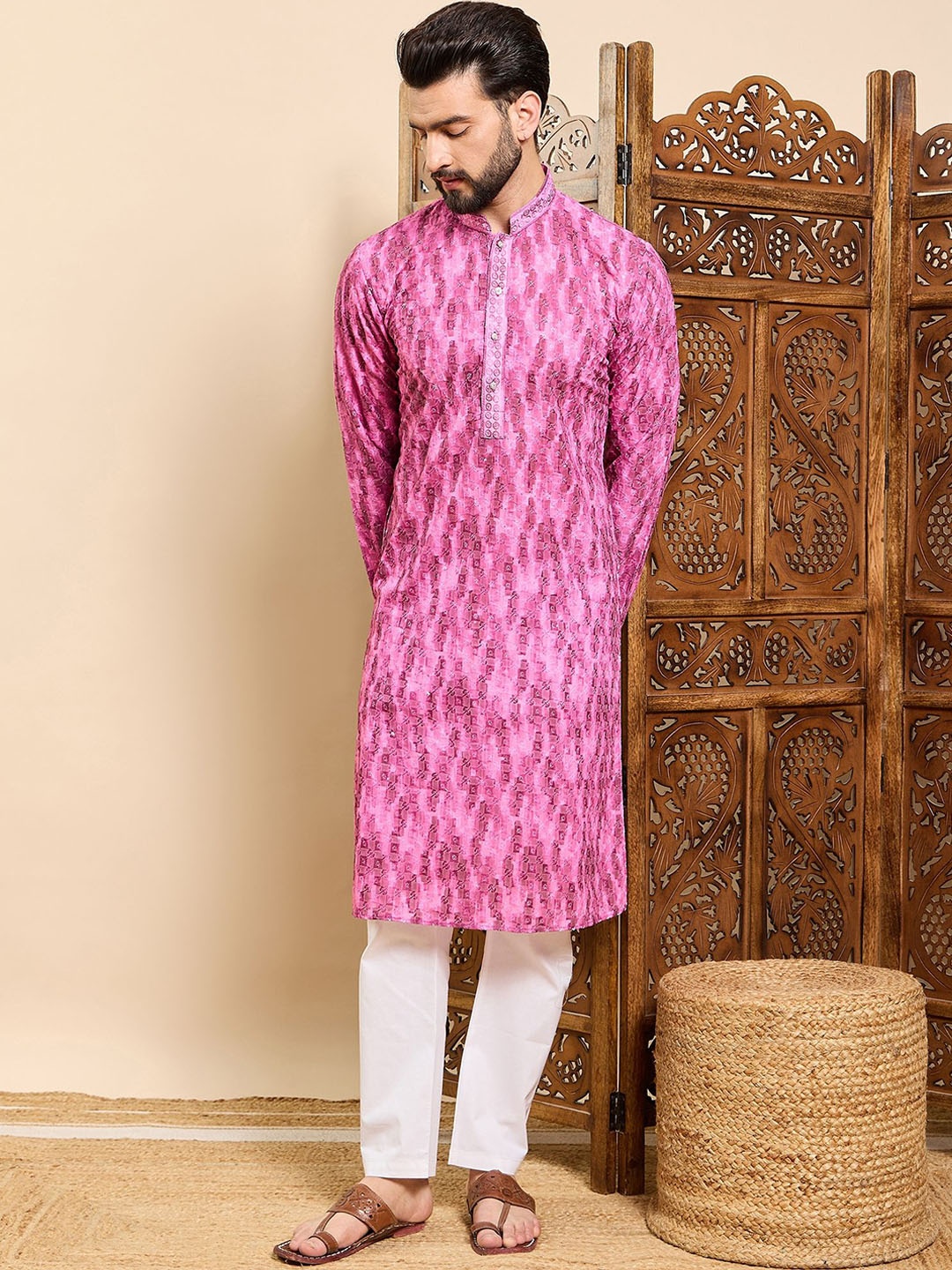 

House of Pataudi Tie & Dye Printed & Embroidered Cotton Straight Kurta, Magenta