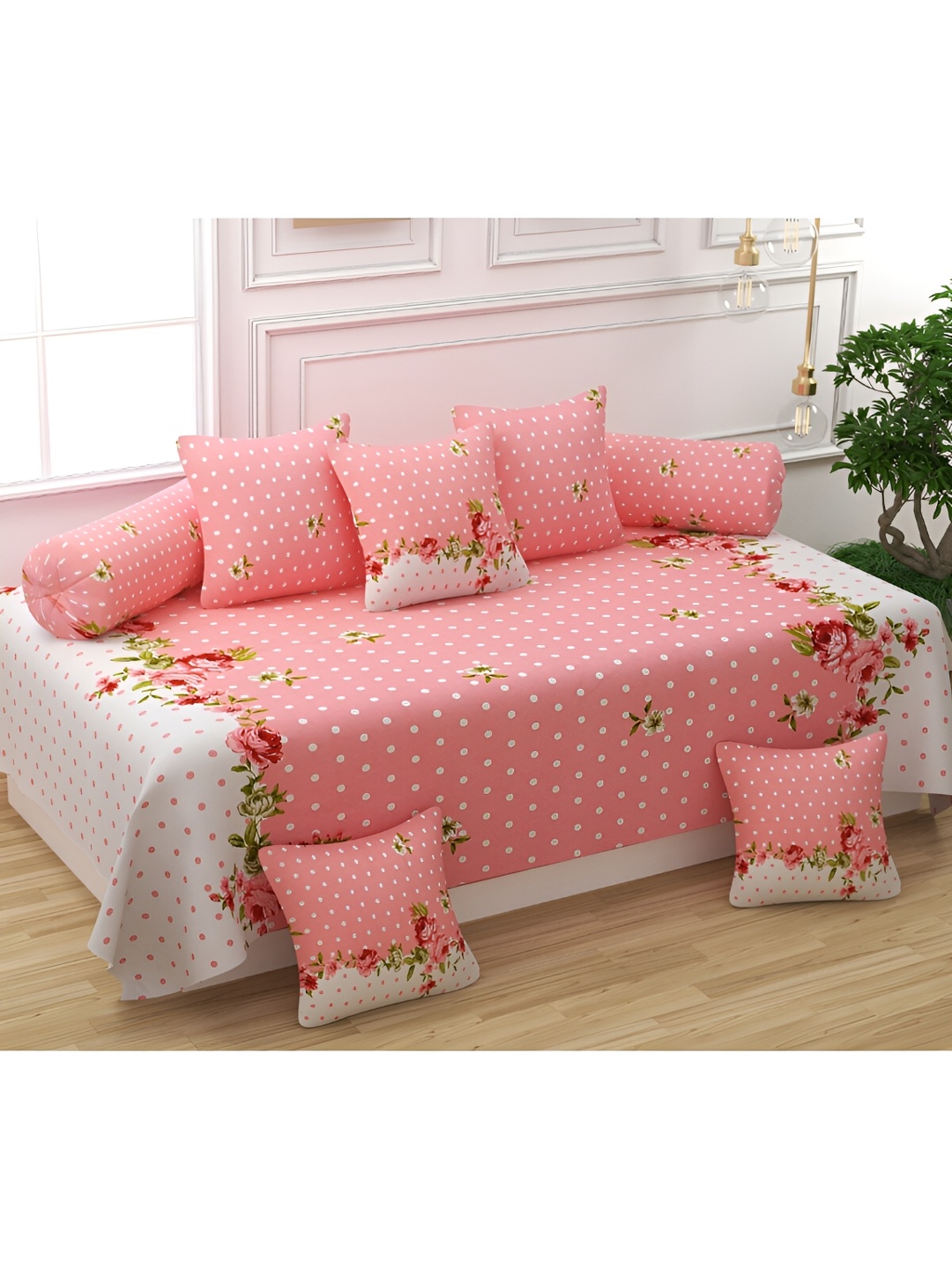 

UrbanArts Pink & White 8 Pieces Floral Printed Bedsheet With Bolster & Cushion Covers