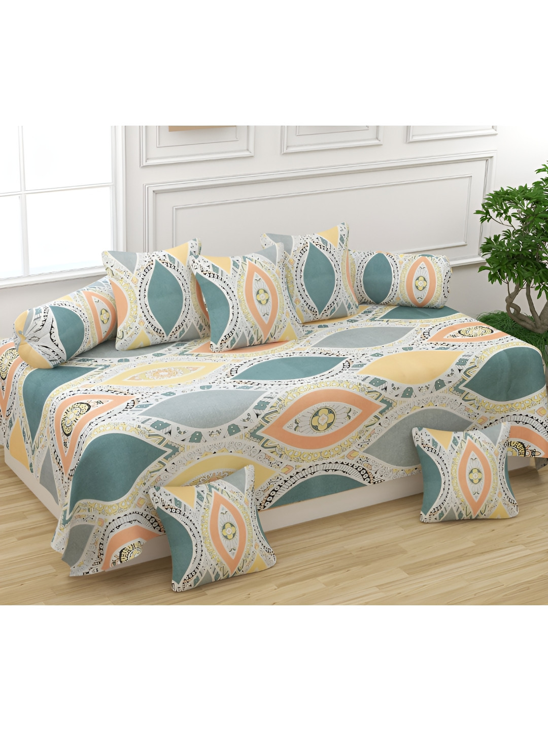 

UrbanArts Grey & Yellow 8 Pieces Ethnic Motifs Printed Diwan Set