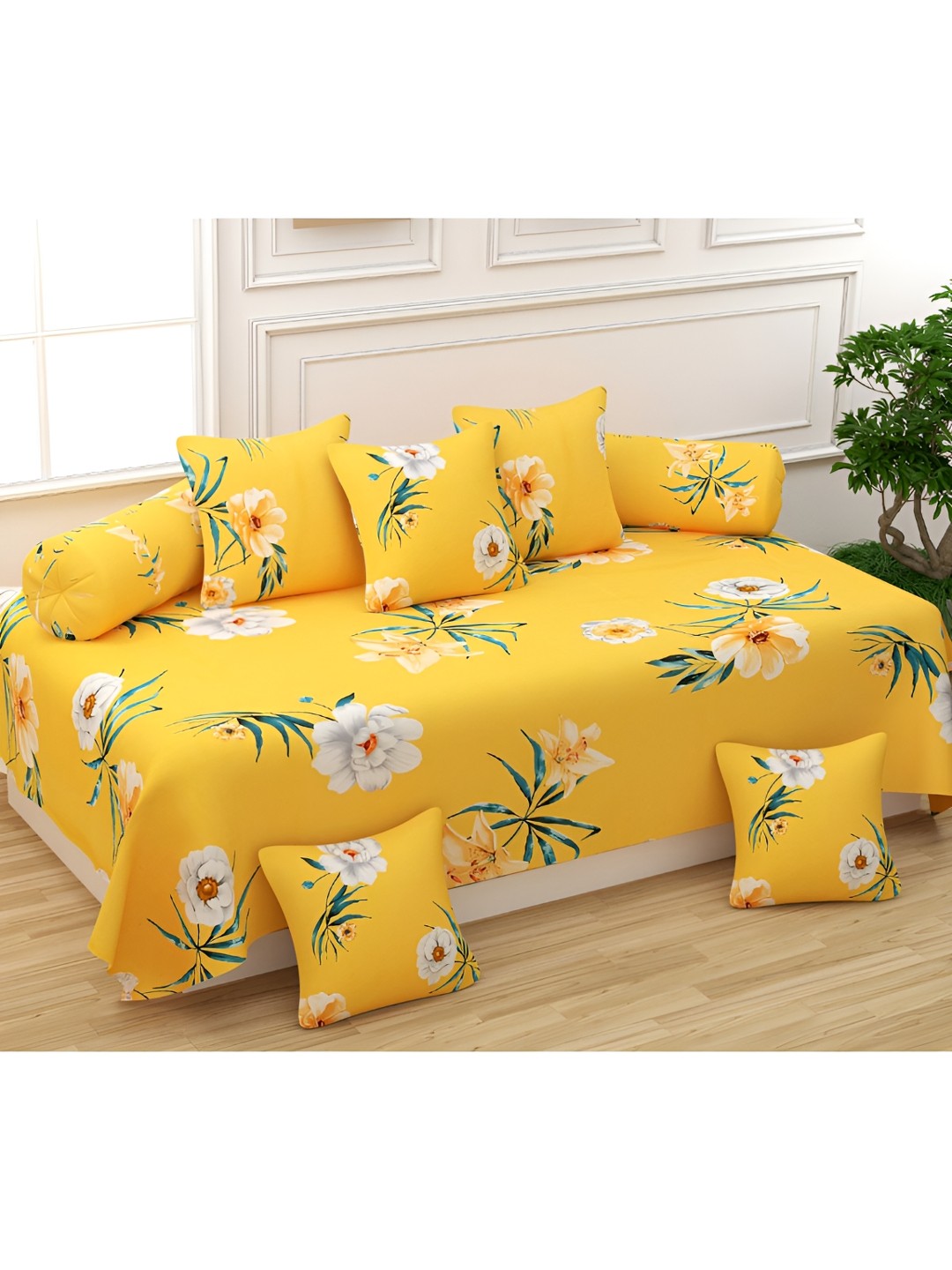 

UrbanArts Yellow & Green 8 Pcs Floral Bedsheet With Bolster Covers & Cushion Covers