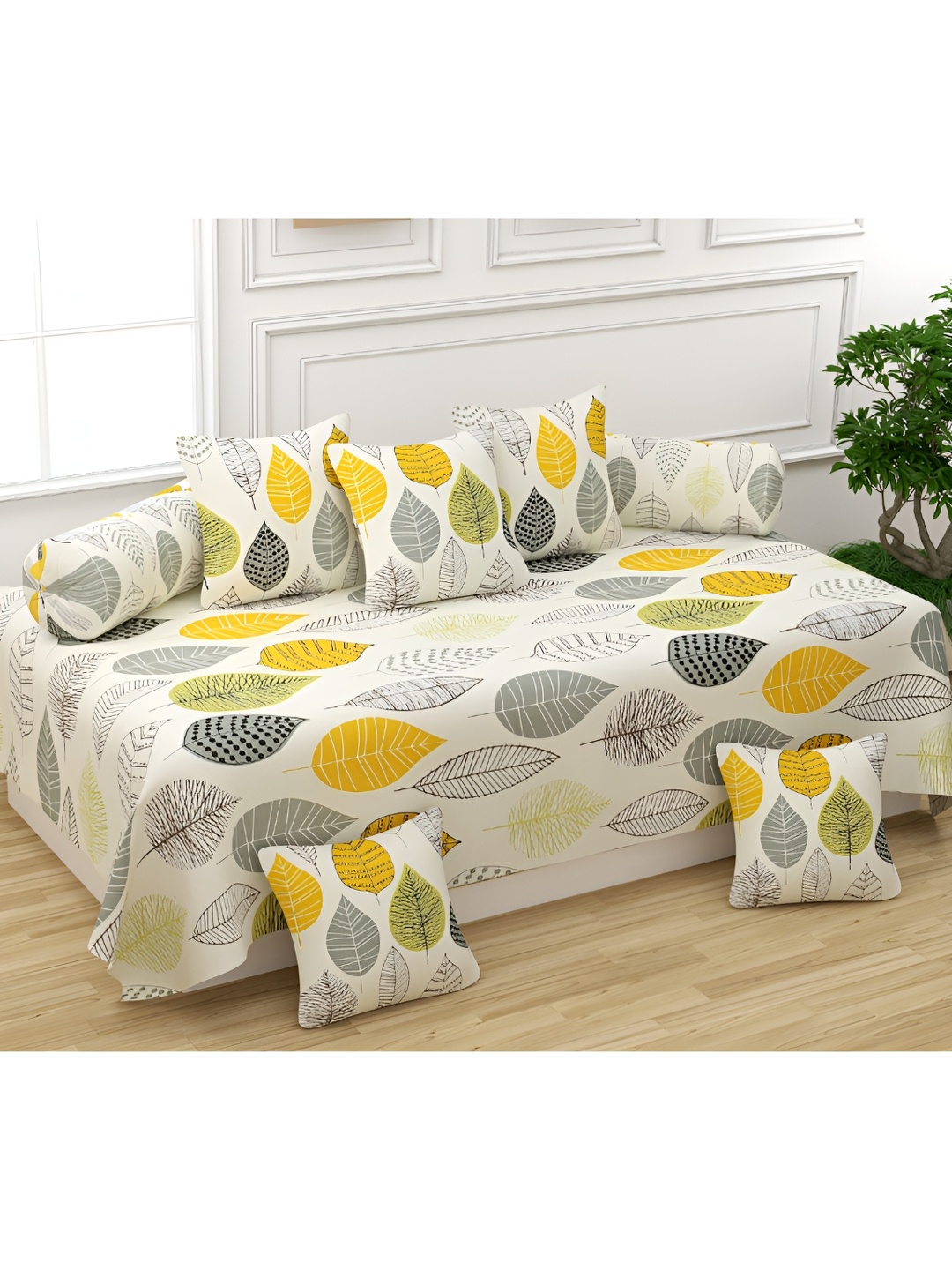 

UrbanArts Off- White & Yellow 8 Pieces Floral Printed Diwan Set