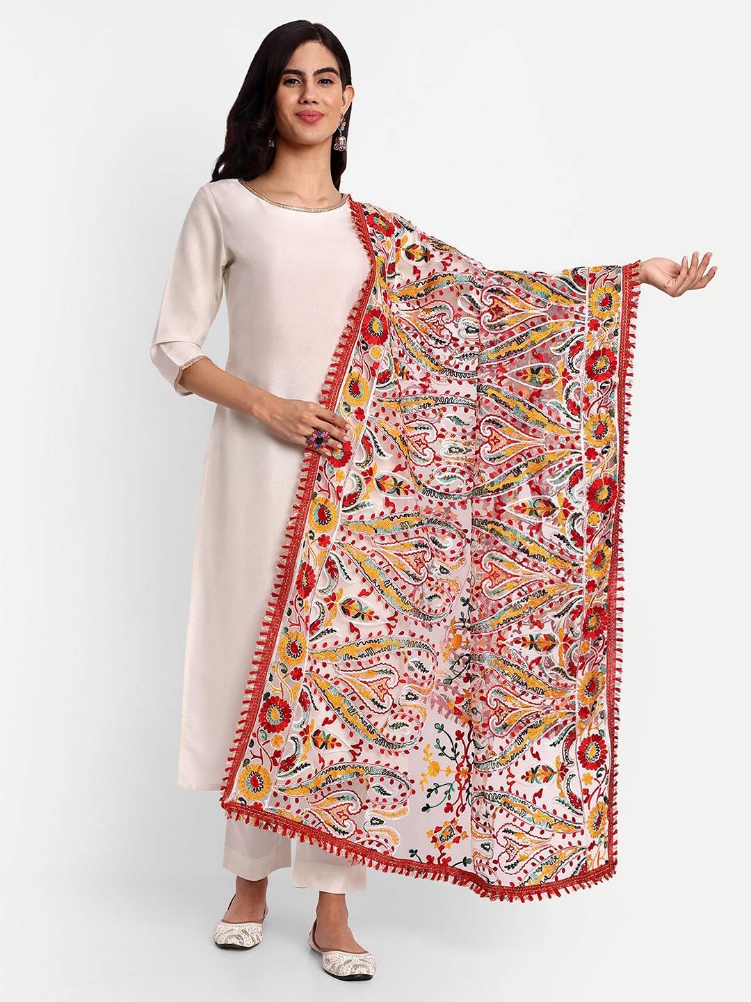 

KALINI Ethnic Motifs Embroidered Dupatta with Phulkari, White