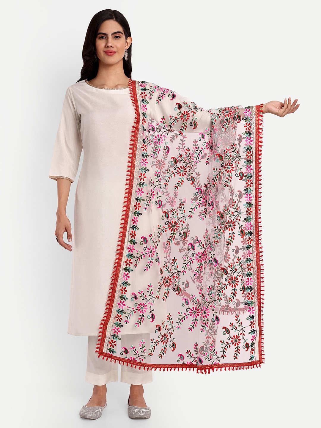 

KALINI Ethnic Motifs Embroidered Dupatta with Phulkari, Red