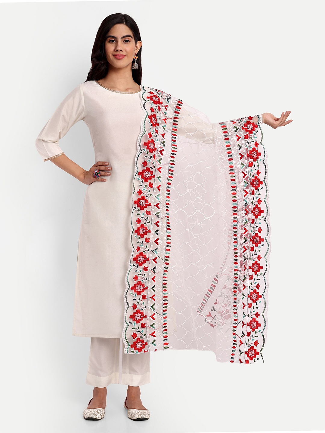 

KALINI Ethnic Motifs Embroidered Dupatta with Phulkari, White
