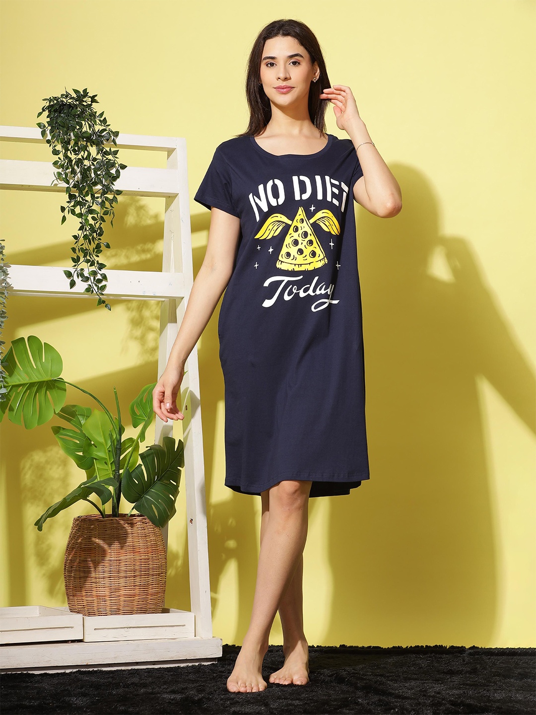 

9shines Label Plus Size Printed T-Shirt Night Dress, Navy blue