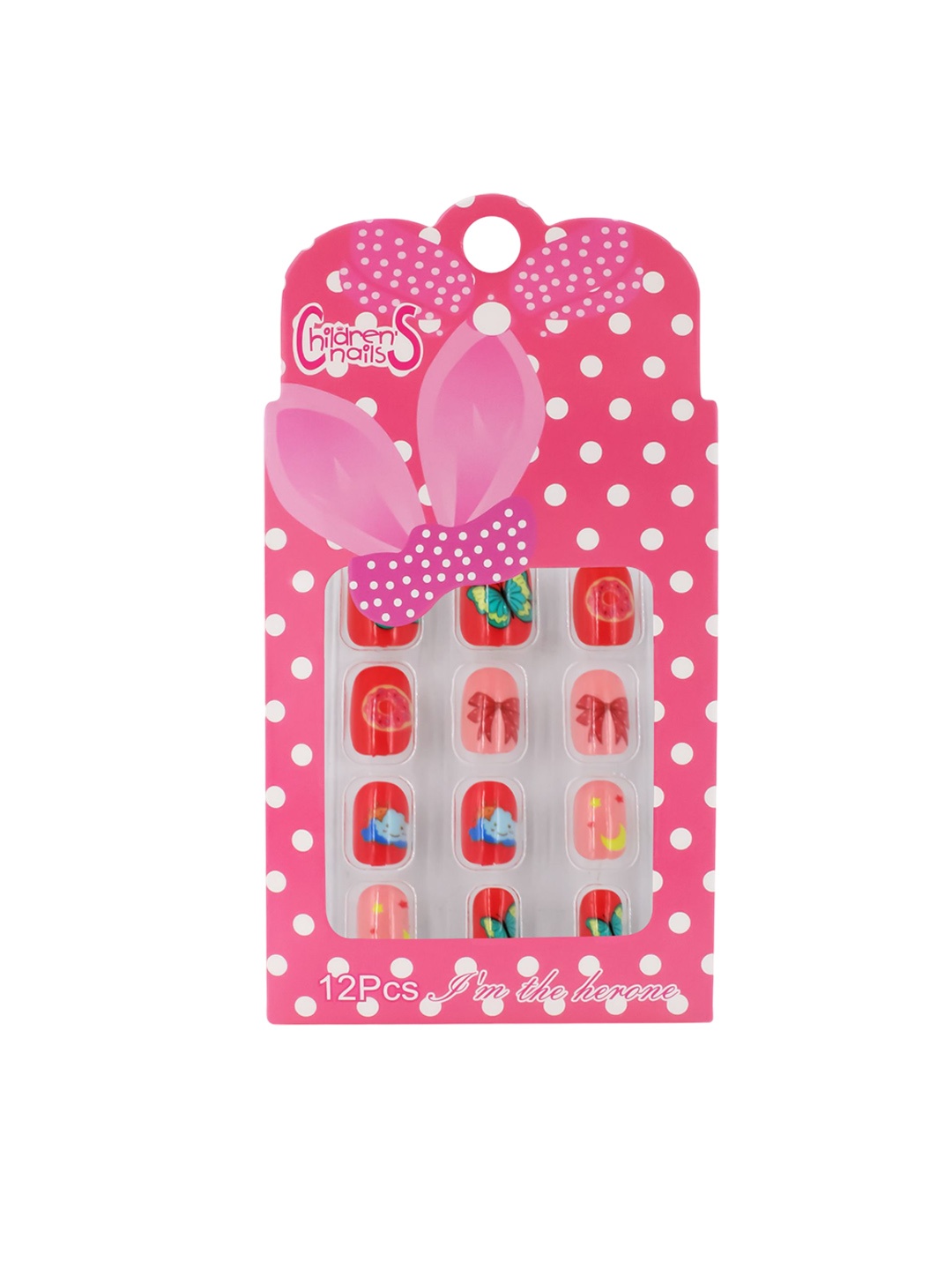 

JENNA 12-Pcs FlyBow Design Artificial Nails with Glue - Red & Pink