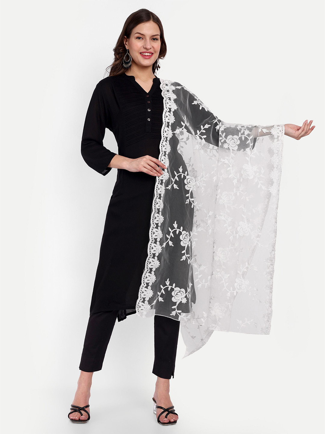 

KALINI Ethnic Motifs Embroidered Dupatta with Thread Work, White