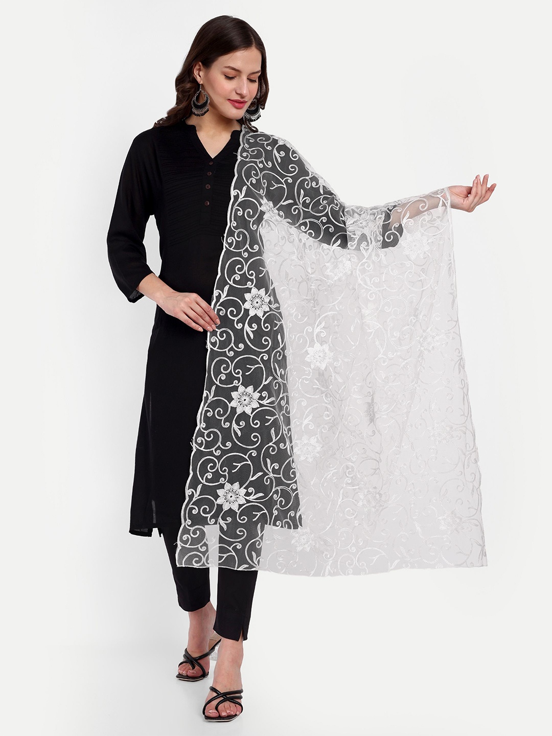 

KALINI Ethnic Motifs Embroidered Dupatta with Thread Work, White