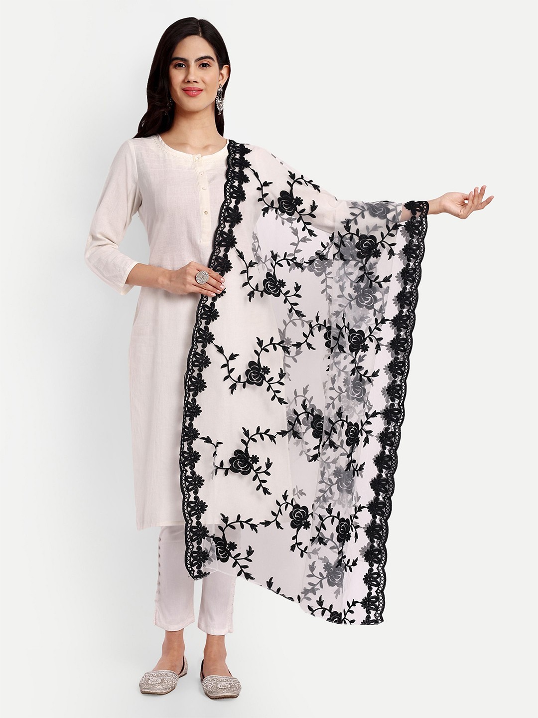 

KALINI Ethnic Motifs Embroidered Dupatta with Thread Work, Black