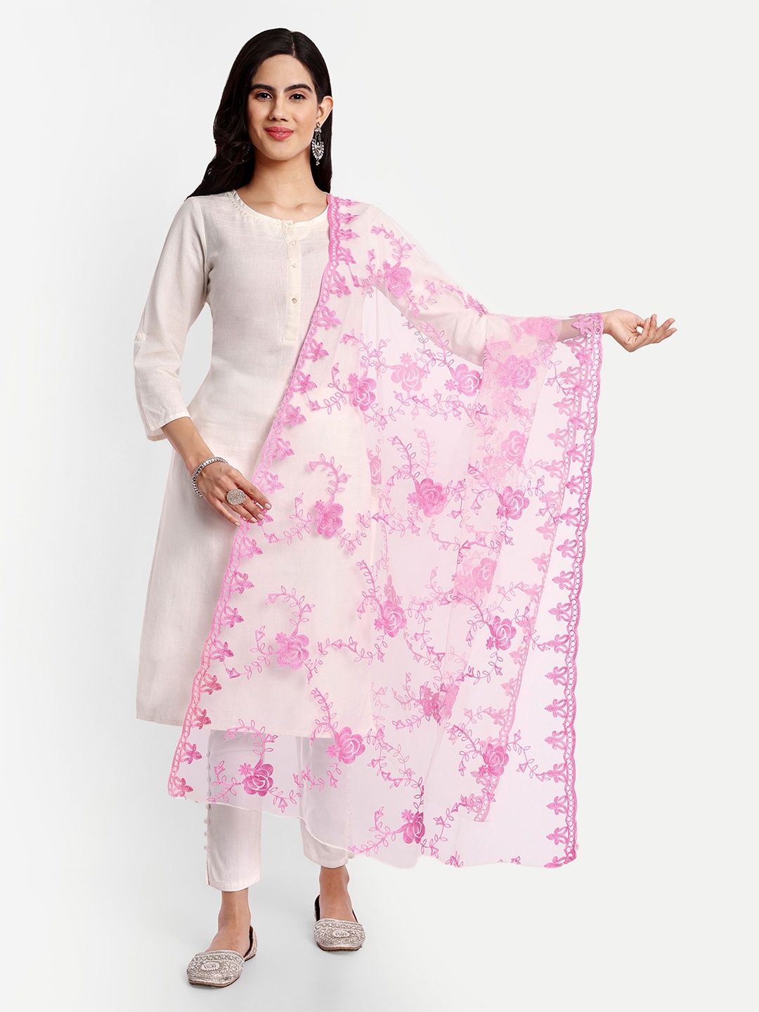 

KALINI Ethnic Motifs Embroidered Dupatta with Thread Work, Pink