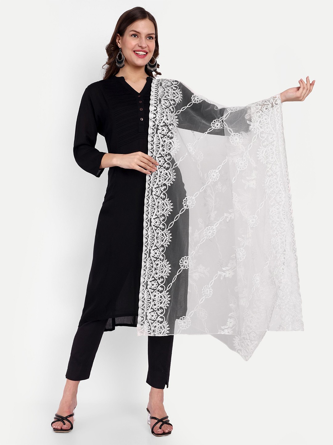 

KALINI Ethnic Motifs Embroidered Dupatta with Thread Work, White
