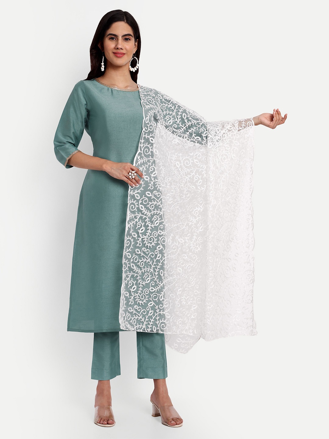 

KALINI Ethnic Motifs Embroidered Dupatta with Thread Work, White