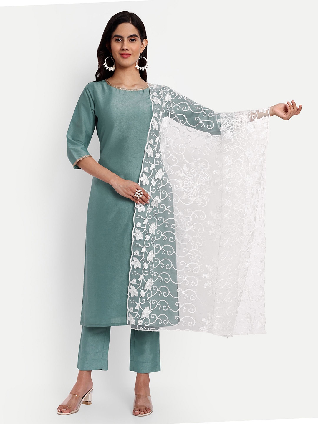 

KALINI Ethnic Motifs Embroidered Dupatta with Thread Work, White