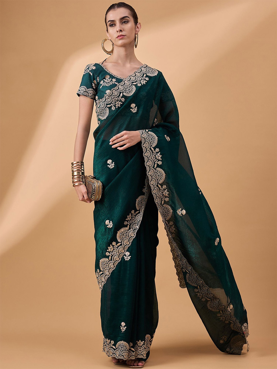 

all about you Floral Embroidered Saree, Teal