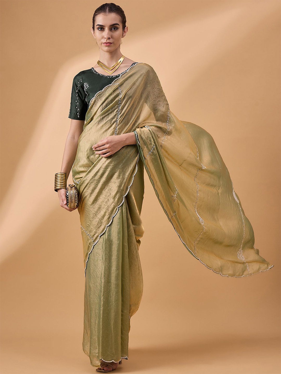 

all about you Floral Embroidered Satin Saree, Green