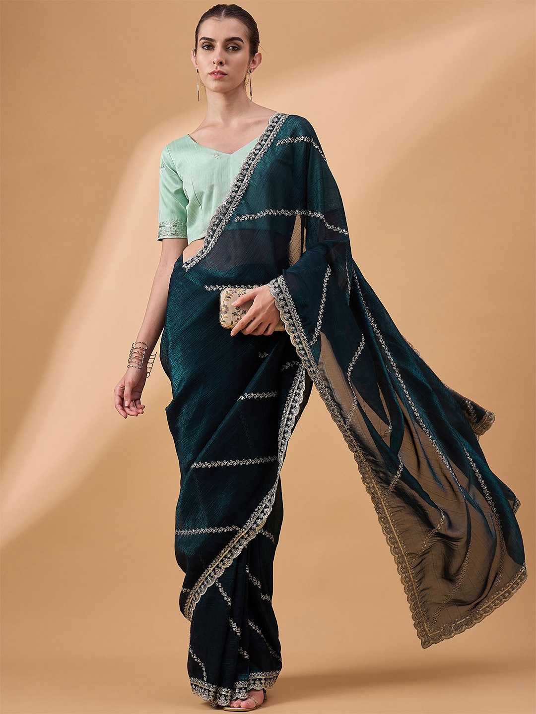 

all about you Striped Embroidered Satin Saree, Blue