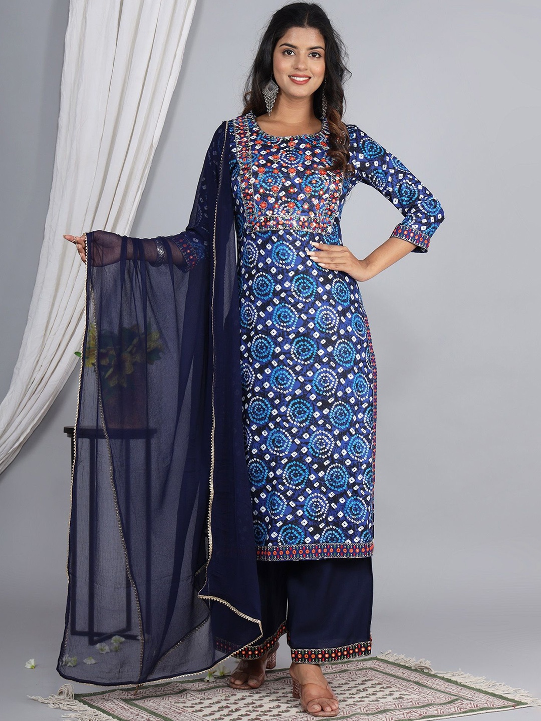 

ELVISH JAIPUR Bandhani Printed Round Neck Thread Work Kurta with Palazzos & Dupatta, Navy blue