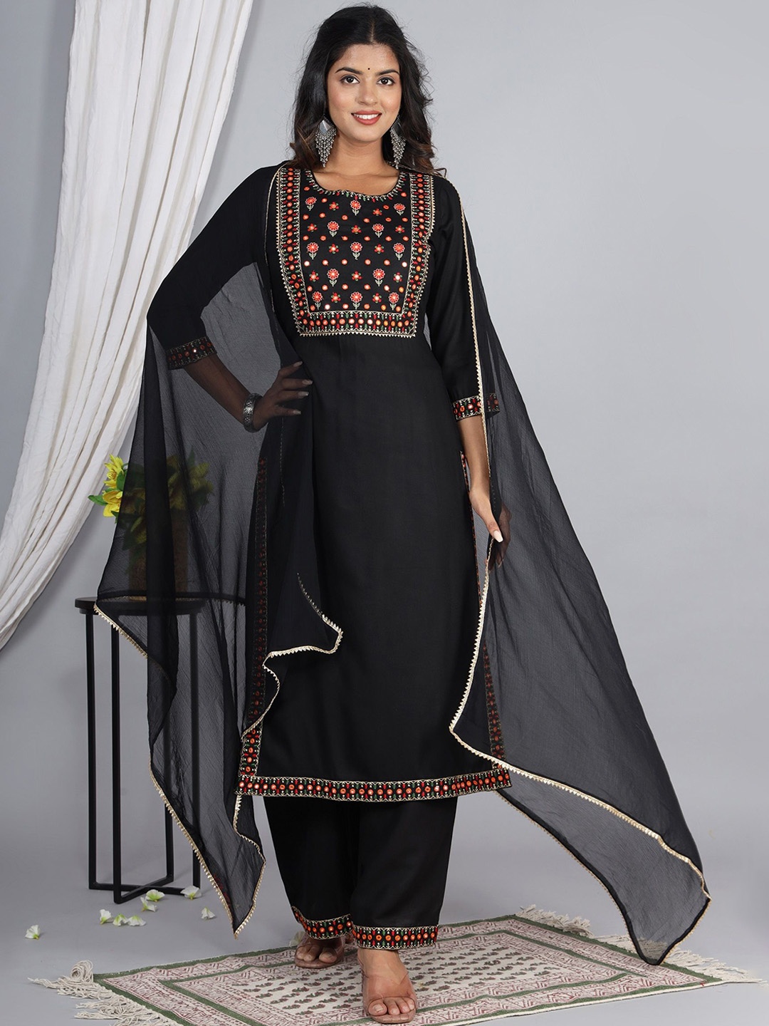 ELVISH JAIPUR Floral Yoke Design Round Neck Thread Work Kurta with Palazzos & Dupatta, Black