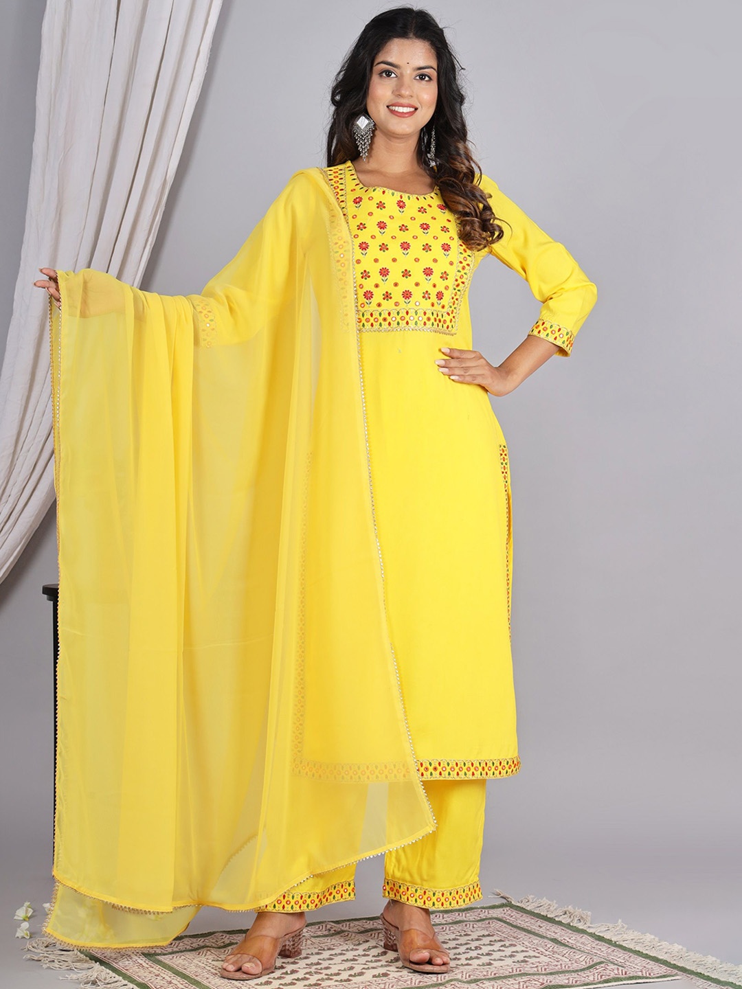 

ELVISH JAIPUR Floral Embroidered Mirror Work Kurta with Palazzos & Dupatta, Yellow