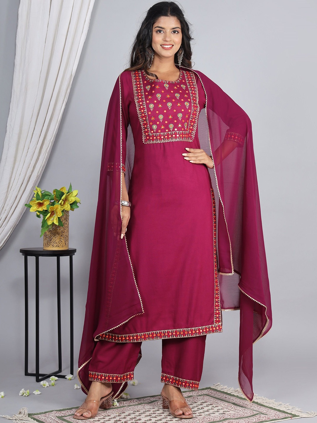 

ELVISH JAIPUR Floral Yoke Design Round Neck Thread Work Kurta with Palazzos & Dupatta, Magenta