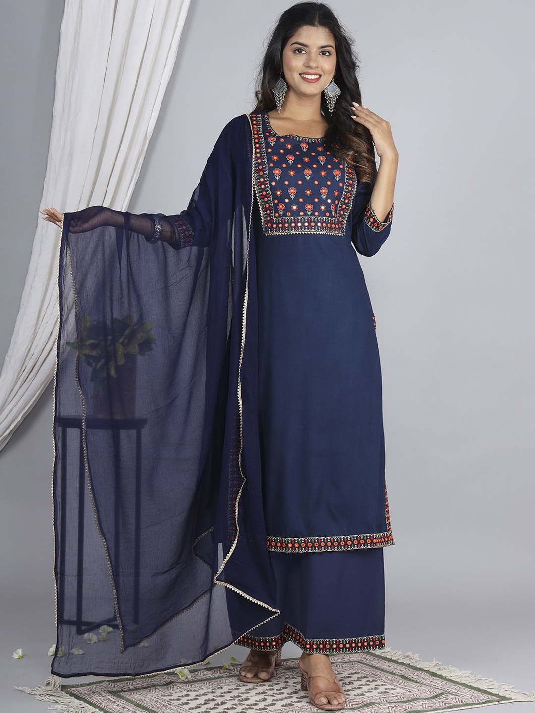 

ELVISH JAIPUR Floral Yoke Design Mirror Work Kurta with Palazzos & Dupatta, Navy blue