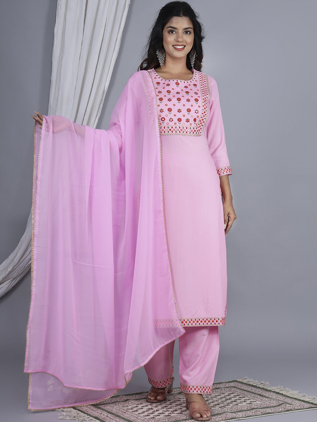 

ELVISH JAIPUR Floral Embroidered Mirror Work Kurta with Palazzos & Dupatta, Pink