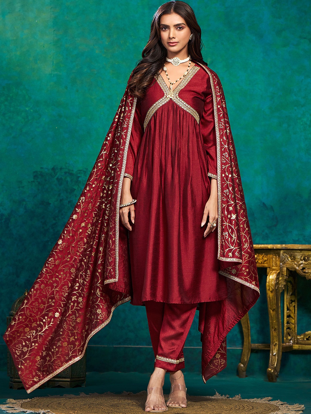 

Sangria Maroon V-Neck Empire Anarkali Kurta With Trousers & Dupatta