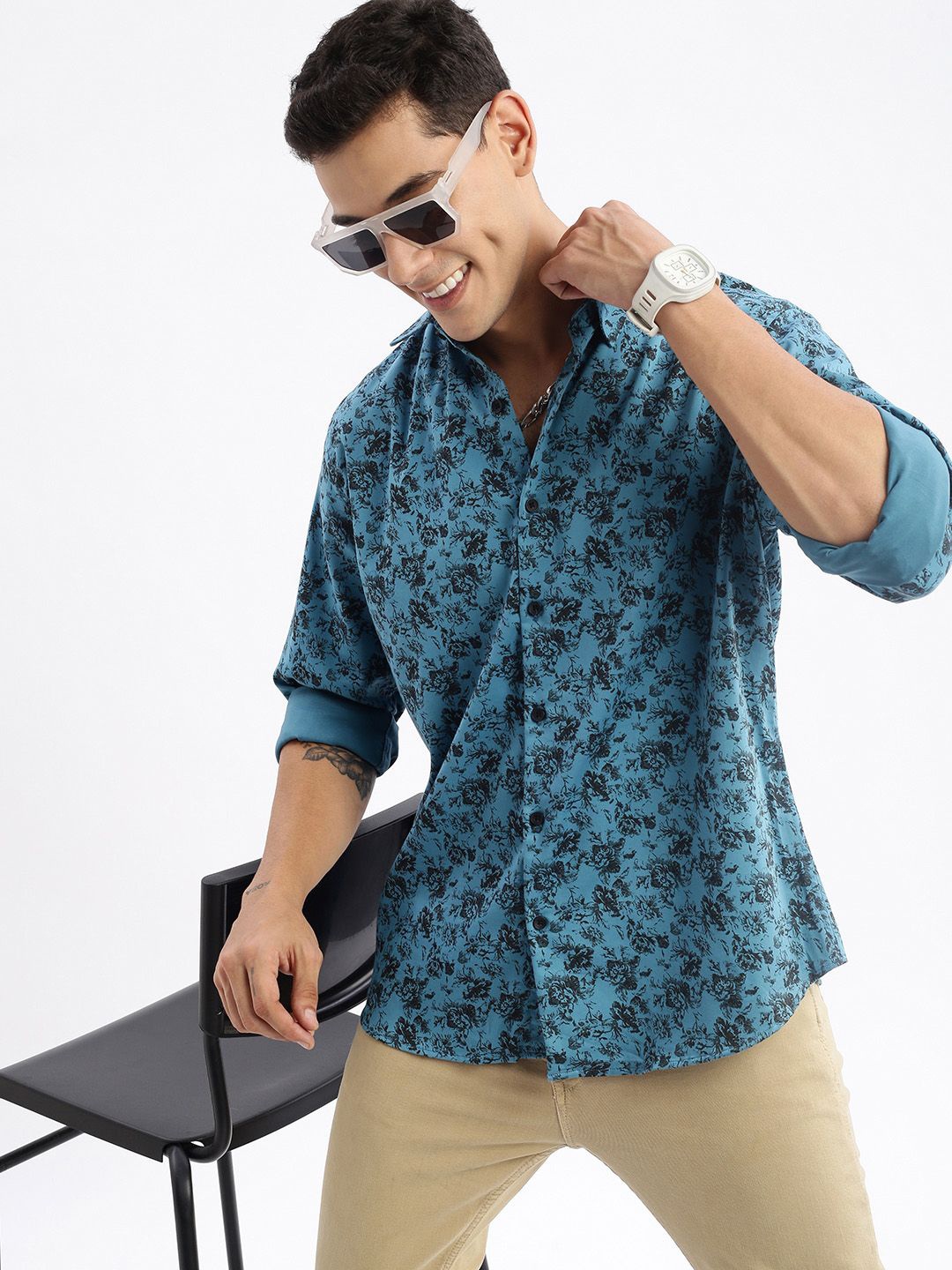 

SHOWOFF Standard Slim Fit Floral Printed Cotton Casual Shirt, Teal