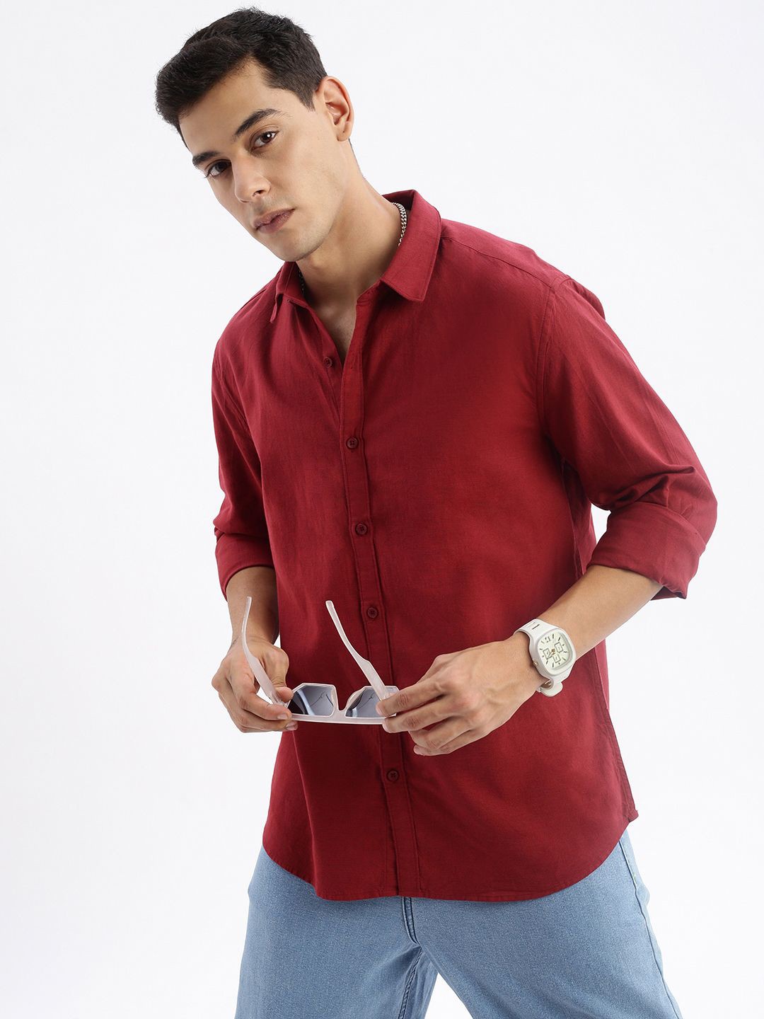 

SHOWOFF Standard Slim Fit Spread Collar Twill Weave Cotton Shirt, Maroon