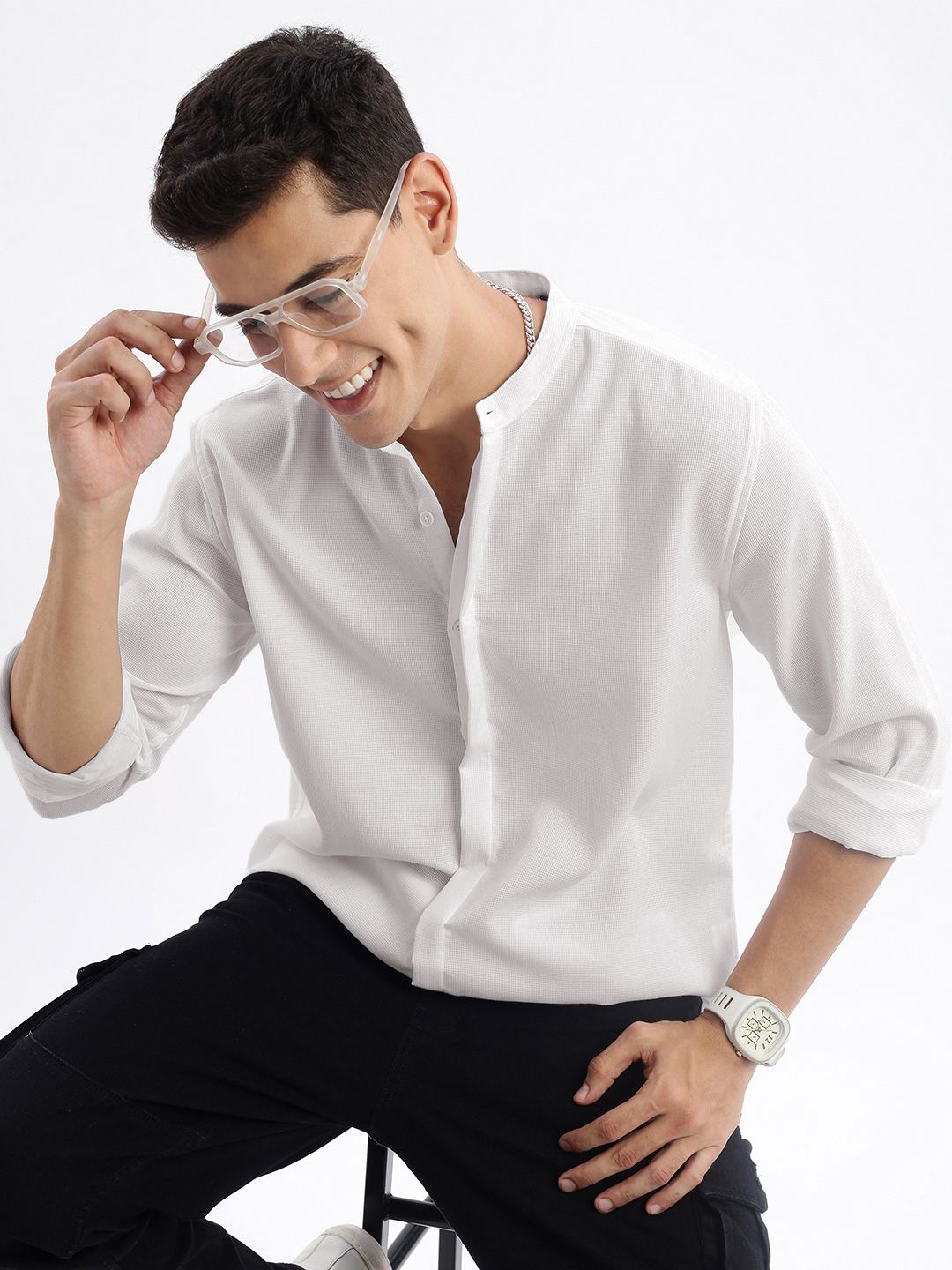 

SHOWOFF Standard Slim Fit Mandarin Collar Cotton Casual Shirt, White