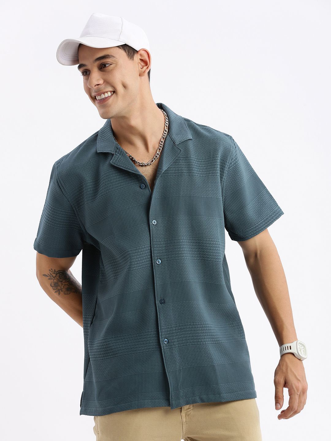 

SHOWOFF Premium Relaxed Fit Self Design Cuban Collar Cotton Shirt, Teal