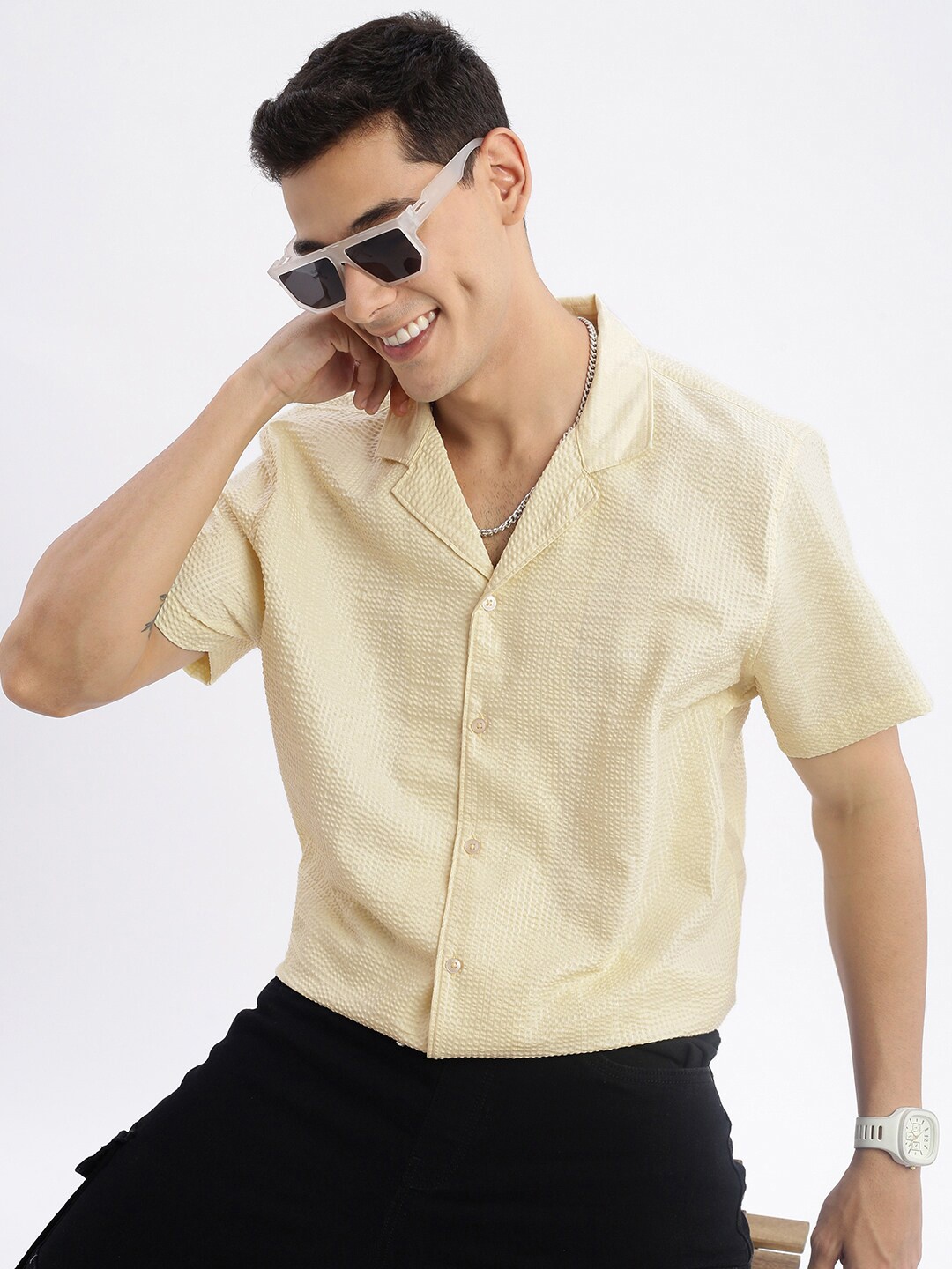 

SHOWOFF Premium Relaxed Fit Self Design Cuban Collar Cotton Shirt, Yellow