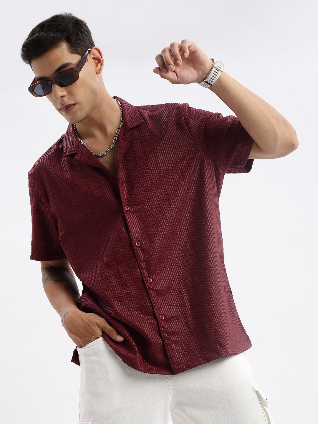 

SHOWOFF Standard Relaxed Fit Opaque Printed Cotton Casual Shirt, Maroon