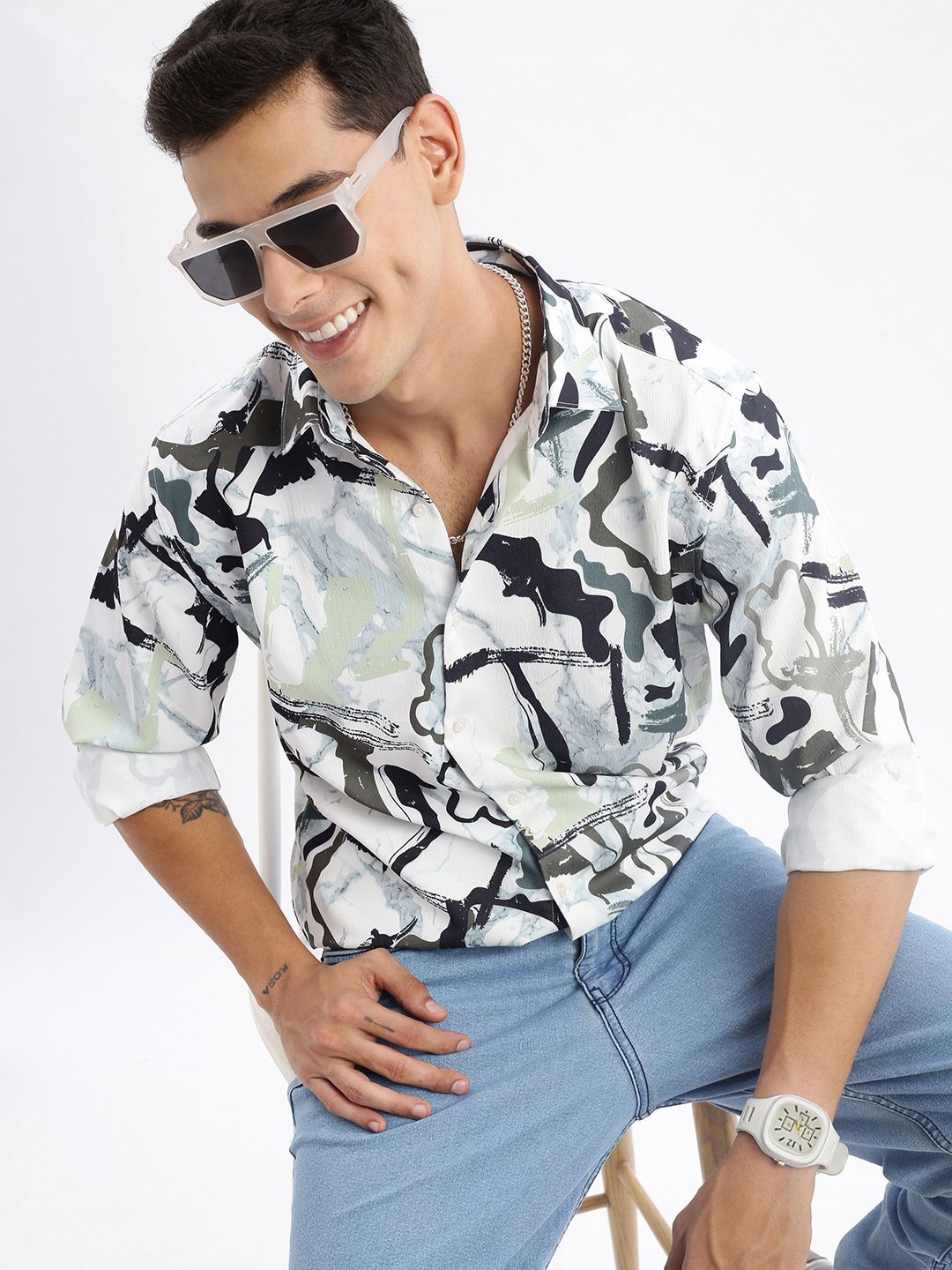 

SHOWOFF Standard Slim Fit Abstract Printed Casual Shirt, White