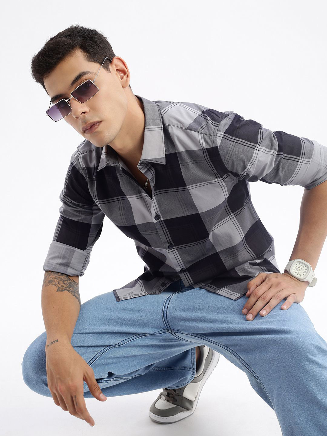 

SHOWOFF Standard Slim Fit Tartan Checks Cotton Casual Shirt, Grey