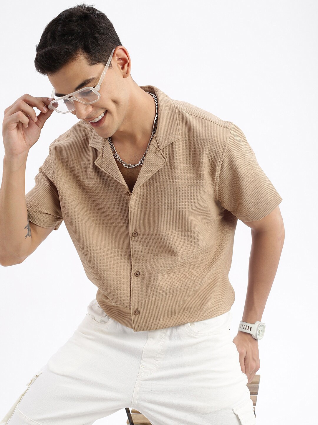 

SHOWOFF Standard Relaxed Fit Textured Self Design Cuban Collar Cotton Casual Shirt, Khaki