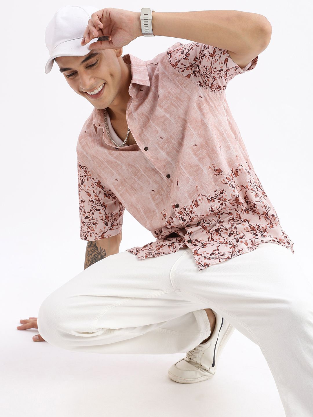 

SHOWOFF Standard Slim Fit Floral Printed Spread Collar Cotton Shirt, Peach