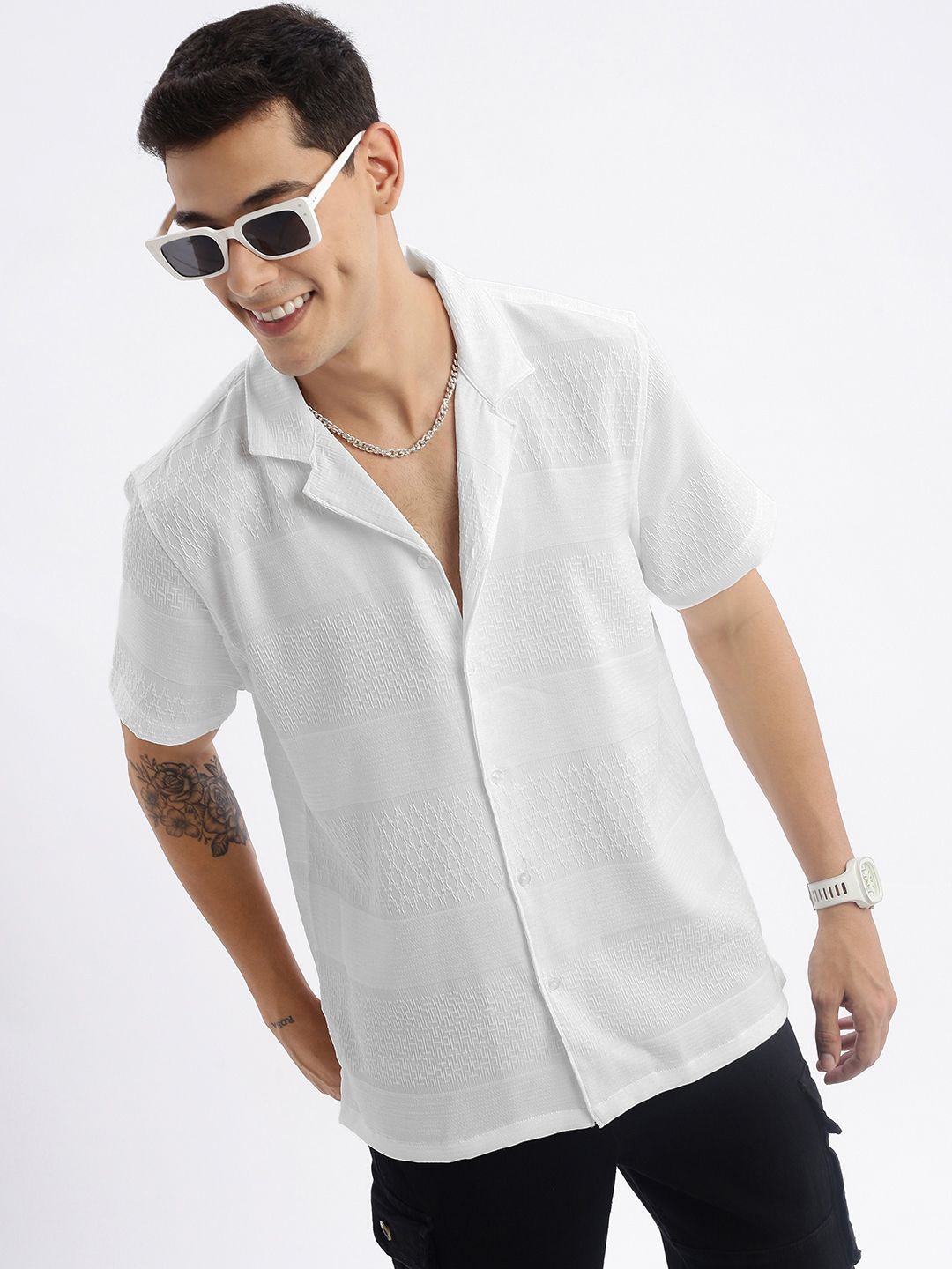 

SHOWOFF Standard Relaxed Fit Opaque Printed Cotton Casual Shirt, White