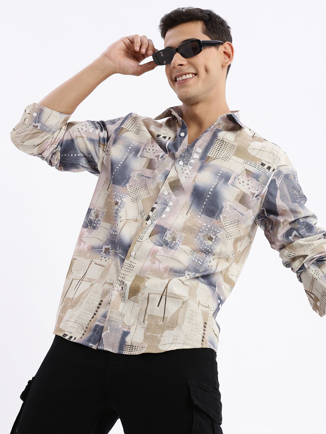 

SHOWOFF Standard Slim Fit Abstract Printed Cotton Casual Shirt, Beige